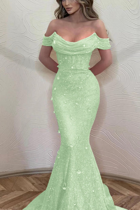 Orange Mermaid Off-The-Shoulder Prom Dress with Sequins