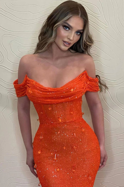 Orange Mermaid Off-The-Shoulder Prom Dress with Sequins