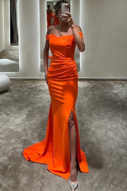 Orange Off-the-Shoulder Prom Dress with Long Split Mermaid Style