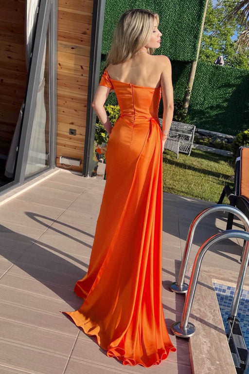 Orange One Shoulder Mermaid Prom Dress with Beadings Ruffles Split