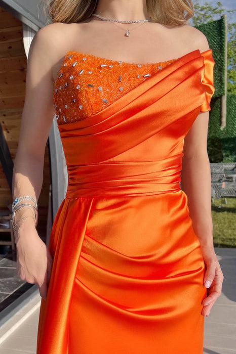 Orange One Shoulder Mermaid Prom Dress with Beadings Ruffles Split