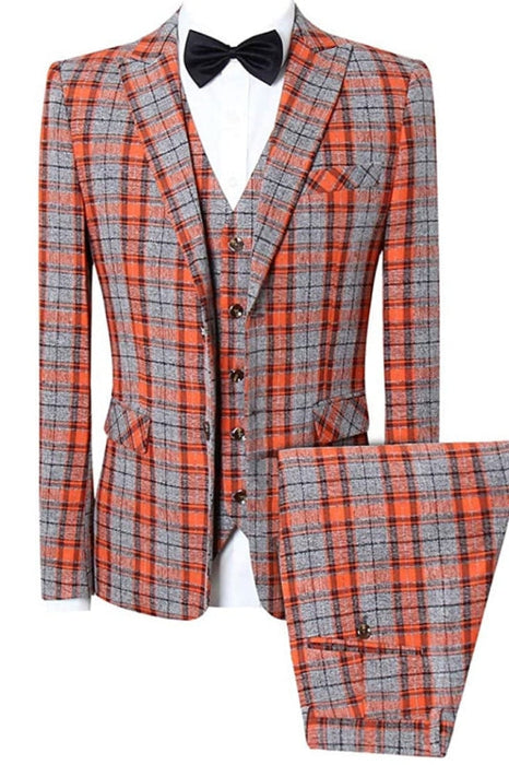 Joyce Orange Plaid Peaked Lapel Three Pieces Chic Business Suits