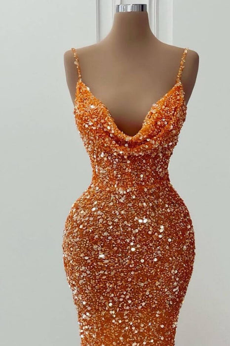 Orange Spaghetti-Straps V-Neck Mermaid Prom Dress with Sequins