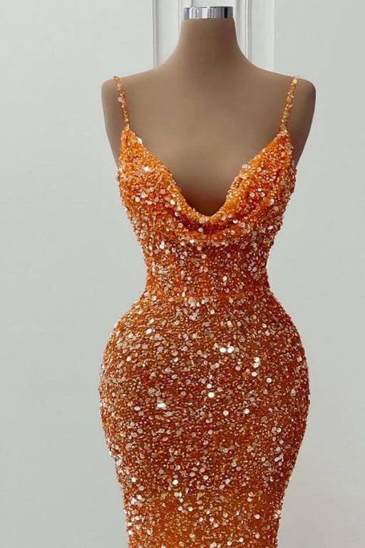 Orange Spaghetti-Straps V-Neck Mermaid Prom Dress with Sequins