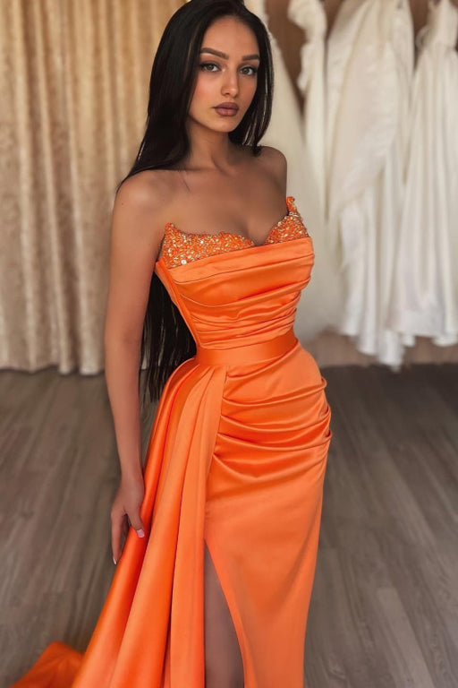 Orange Strapless Long Mermaid Prom Dress Split with Ruffles