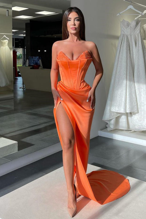 Orange V-Neck Sleeveless Mermaid Prom Dress with Beads Split