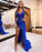 Peacock Beaded High Slit V-Neck Prom Dress with Sequins and Feathers