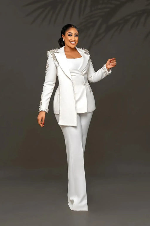 Peaked Lapel Beading Pearls Women Suits 2 Pieces Blazer Pants Costume Made Mother Of The Bride Outfits - Same As Photo - Wedding Dresses