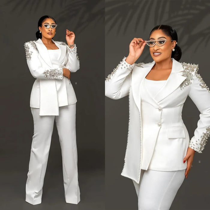 Peaked Lapel Beading Pearls Women Suits 2 Pieces Blazer Pants Costume Made Mother Of The Bride Outfits - Same As Photo - Wedding Dresses