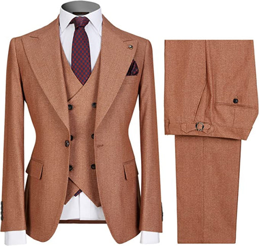 Baron Bespoke Brown Peaked Lapel Three Pieces Business Suits For Men