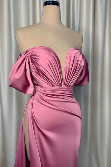 Pink Charmeuse V-Neck Evening Gown with Elegant Pleated Slit