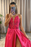 Pink Deep V-Neck Appliques A-Line Long Prom Dress with Slit