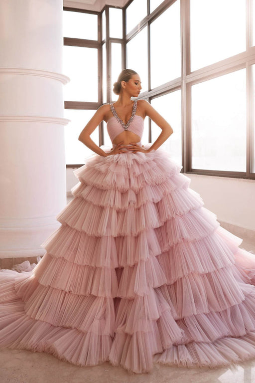 Pink Deep V-Neck Sleeveless Prom Dress with Luxurious Crystal-Adorned Tulle Layers