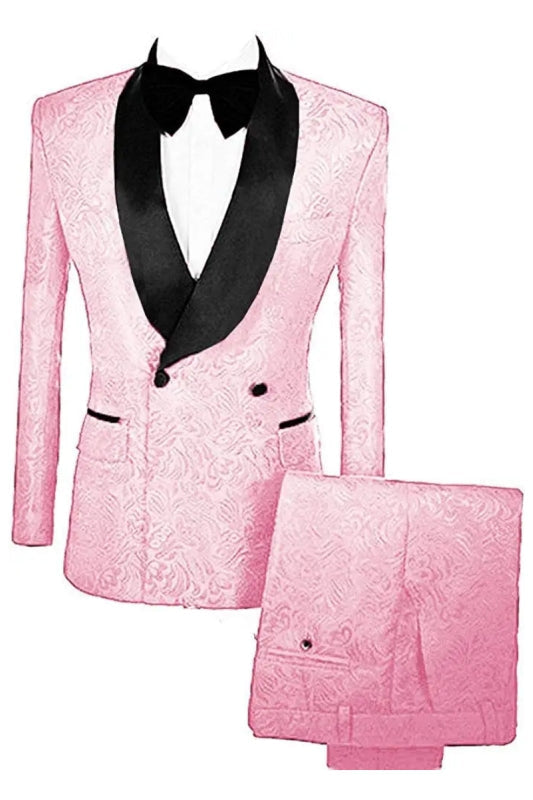 Marshall Pink Double Breasted Lapel Jacquard Bespoke Wedding Suits With Velvet Lapel