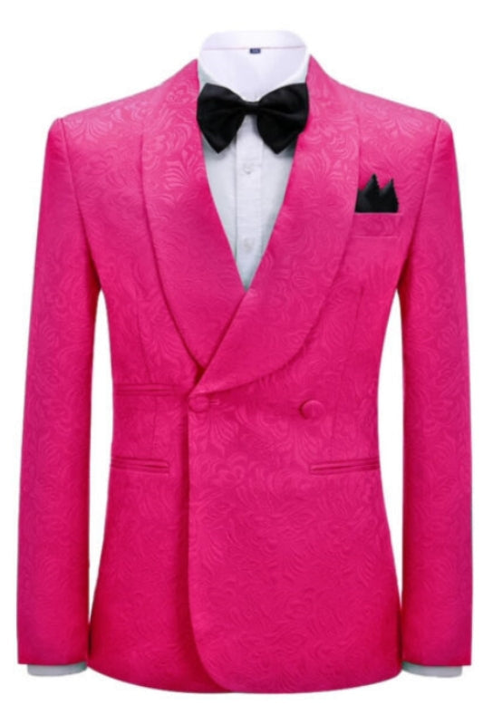 Victor Hot Pink Jacquard Shawl Lapel Double Breasted Close Fitting Wedding Suits