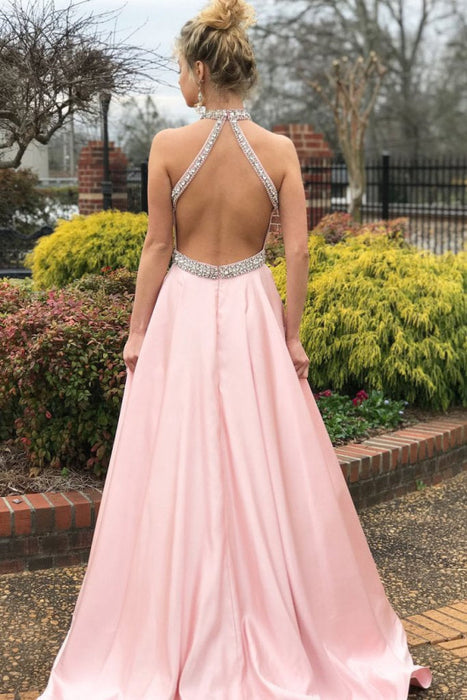 Pink Halter Sleeveless Beaded Mermaid Prom Dress