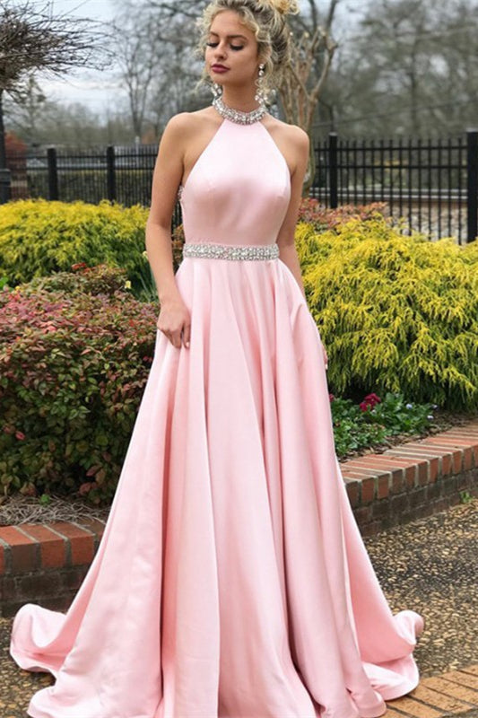 Pink Halter Sleeveless Beaded Mermaid Prom Dress