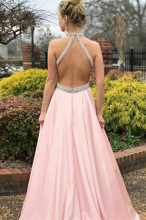 Pink Halter Sleeveless Beaded Mermaid Prom Dress