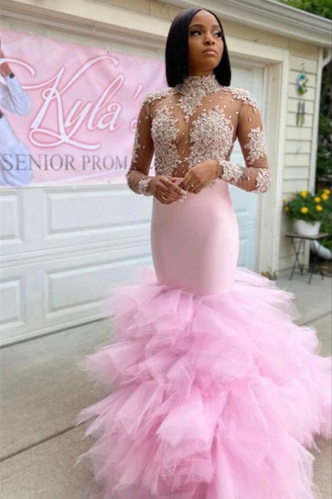 Pink High Neck Tulle Mermaid Prom Dress with Lace Appliques