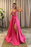 Pink Long Prom Dress with Slit A-Line V-Neck Lace Appliques