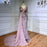 Pink Long Sleeve Evening Dress with Chiffon Train, Beaded Lace Printing