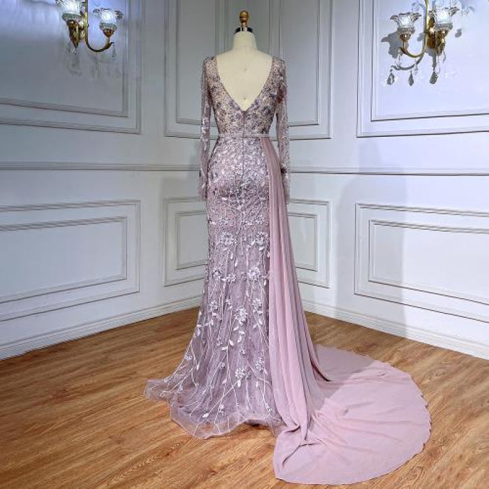 Pink Long Sleeve Evening Dress with Chiffon Train, Beaded Lace Printing