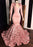 Pink Long Sleeve V-Neck Mermaid Prom Dress with Floral Bottom