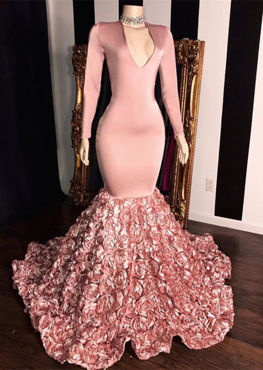 Pink Long Sleeve V-Neck Mermaid Prom Dress with Floral Bottom