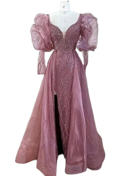 Pink Mermaid High Split Evening Dress, Beaded Bubble Sleeve