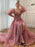 Pink Mermaid High Split Evening Dress, Beaded Bubble Sleeve