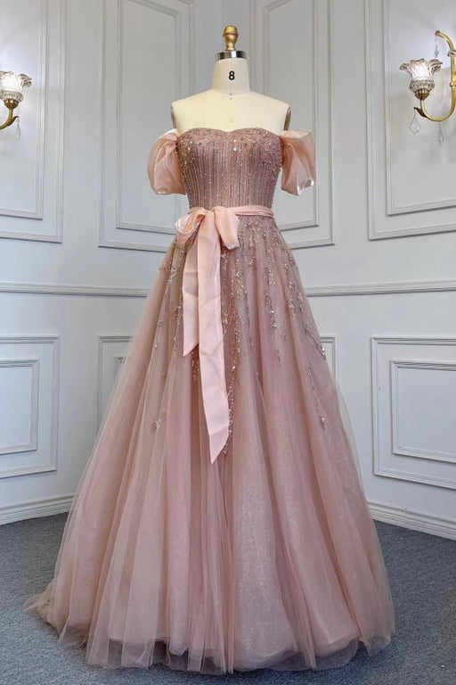 Pink Off-the-Shoulder Bubble Sleeve Prom Dress with Sequins and Tulle Belt