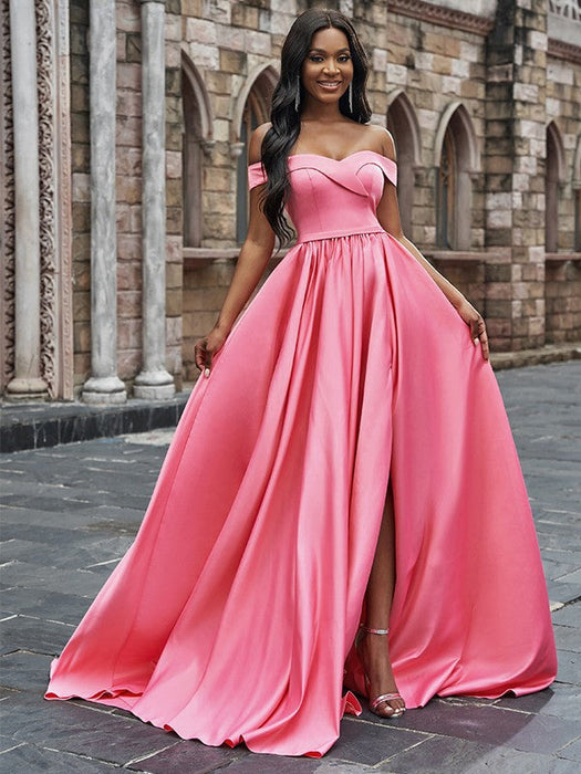 Pink Off-the-Shoulder Long Prom Dress with Split