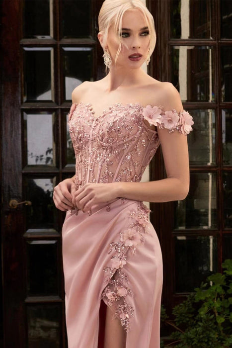 Pink Off-The-Shoulder Mermaid Prom Dress with Applique Split Beadings