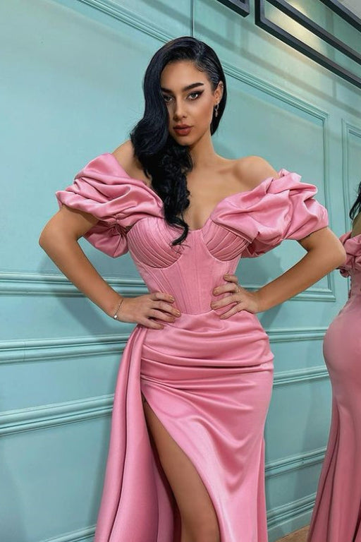 Pink Off-the-Shoulder Split Mermaid Prom Dress