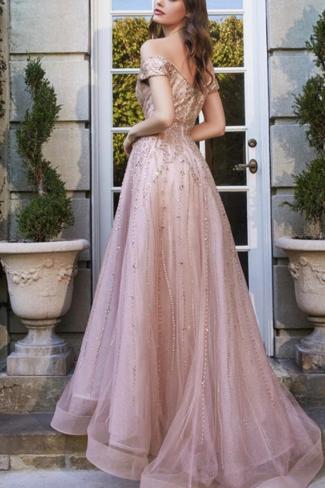 Pink Off-the-Shoulder Sweetheart Beaded Prom Dress with Sequined Tulle