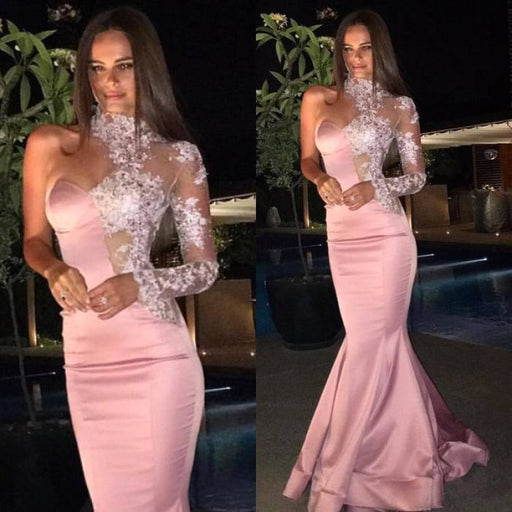 Pink One Shoulder Long Sleeves Prom Dress