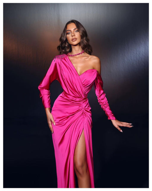 Pink One Shoulder Mermaid Prom Dress Long Sleeves High Slit Pleated