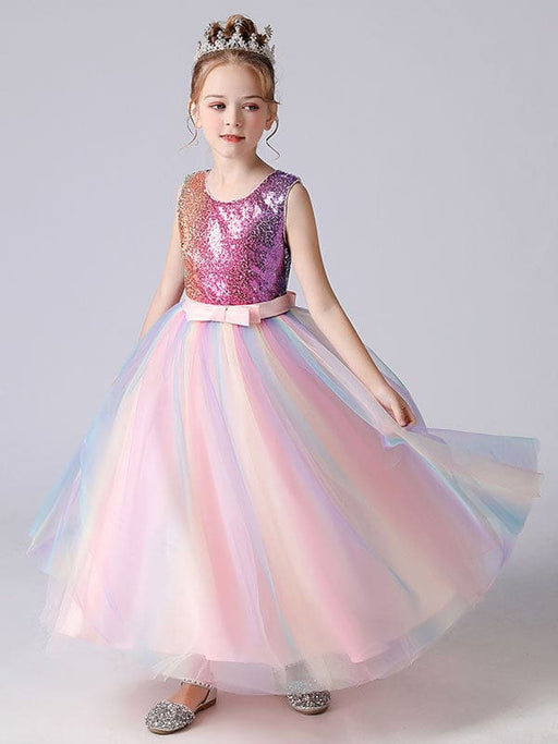 Pink Flower Girl Dresses Jewel Neck Sequined Sleeveless Ankle-Length Princess Dress Bows Kids Party Dresses