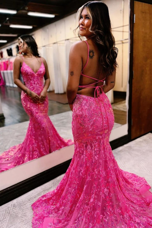 Pink Sequins Mermaid Prom Dress Sleeveless Backless Spaghetti Straps