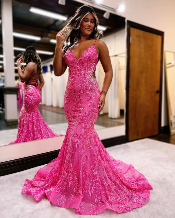 Pink Sequins Mermaid Prom Dress Sleeveless Backless Spaghetti Straps