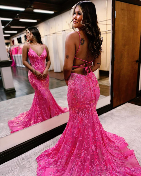 Pink Sequins Mermaid Prom Dress Sleeveless Backless Spaghetti Straps