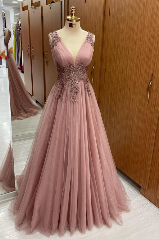 Pink Sleeveless Prom Dress V-Neck Tulle Long With Appliques