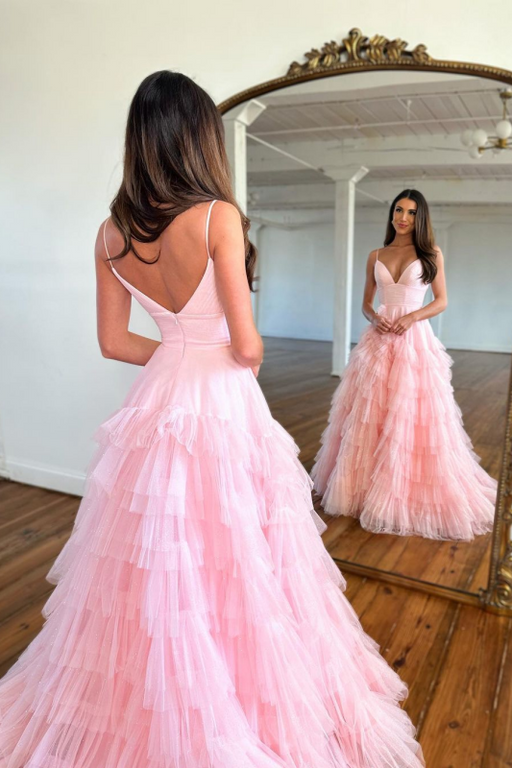 Pink Sleeveless Spaghetti Strap Tulle Mermaid Prom Dress