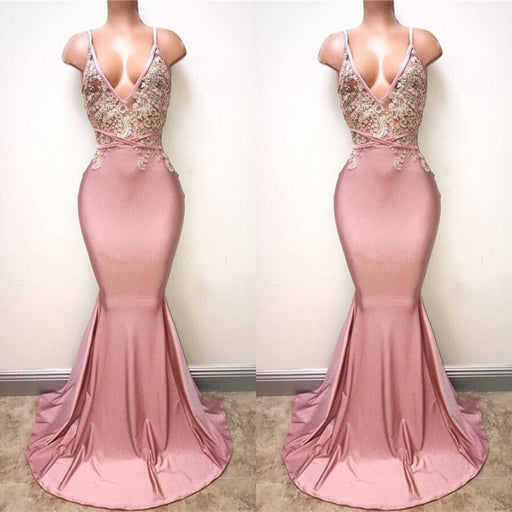 Pink Spaghetti-Straps Mermaid Long Prom Dress with Lace Appliques