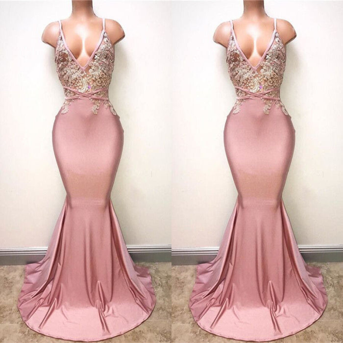 Pink Spaghetti-Straps Mermaid Long Prom Dress with Lace Appliques