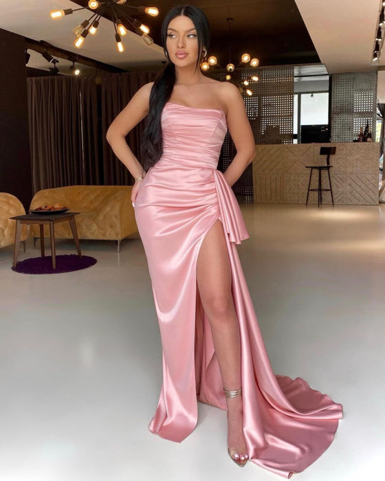 Pink Strapless Long Pleated Prom Dress With Split