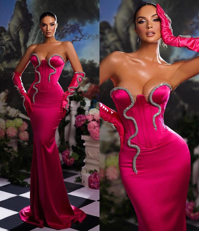 Pink Strapless Mermaid Prom Dress Long with Gloves