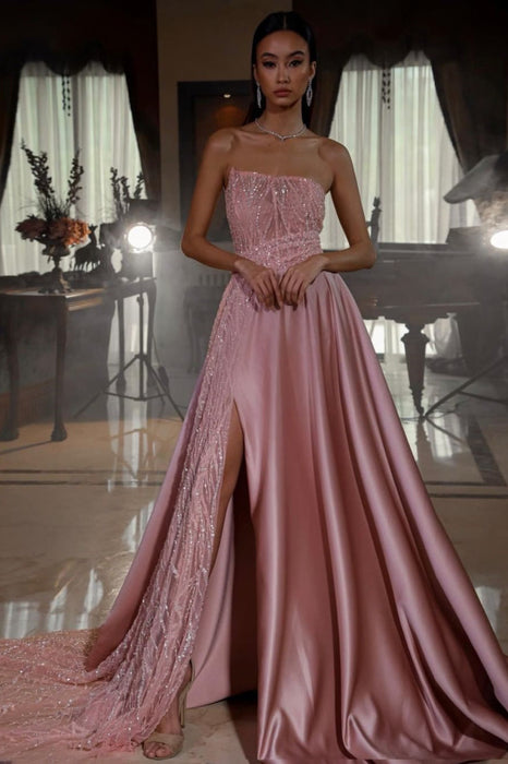 Pink Strapless Sleeveless Sequins A-Line Prom Dress with Split