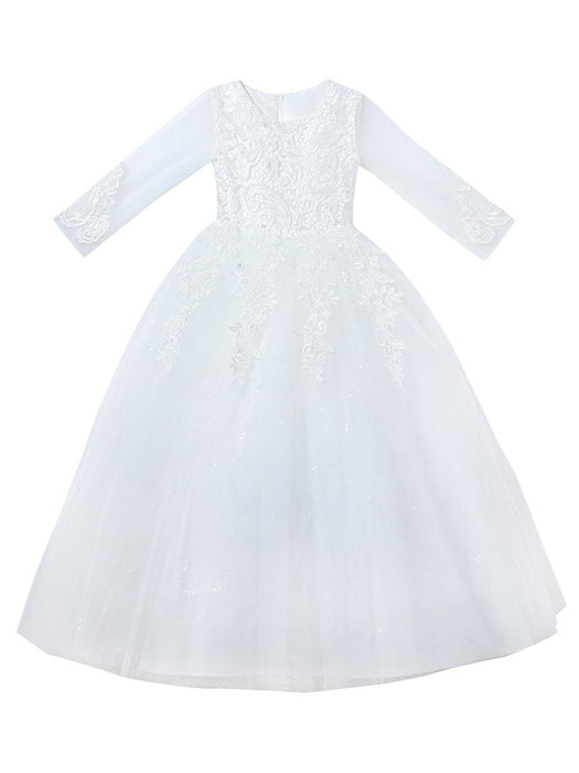 Pink Flower Girl Dresses Jewel Neck 3/4 Length Sleeves Tulle Lace Polyester Embroidered Kids Party Dresses