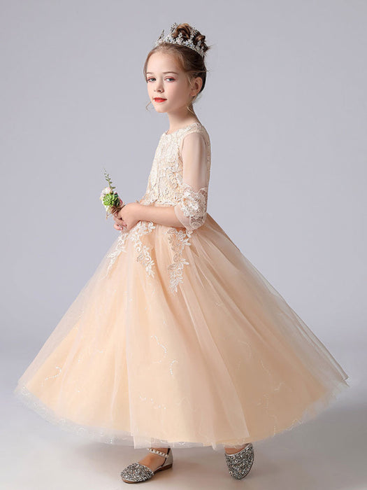 Pink Flower Girl Dresses Jewel Neck 3/4 Length Sleeves Tulle Lace Polyester Embroidered Kids Party Dresses